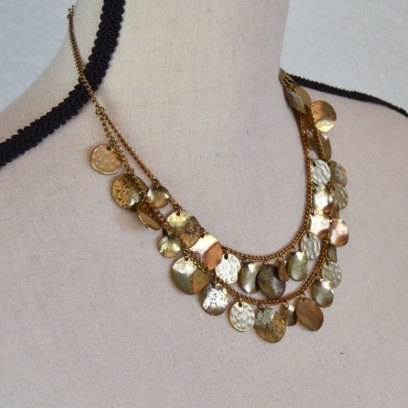Pebbled Gold Metal Chain Bib Double String Necklace - Picture 2 of 4